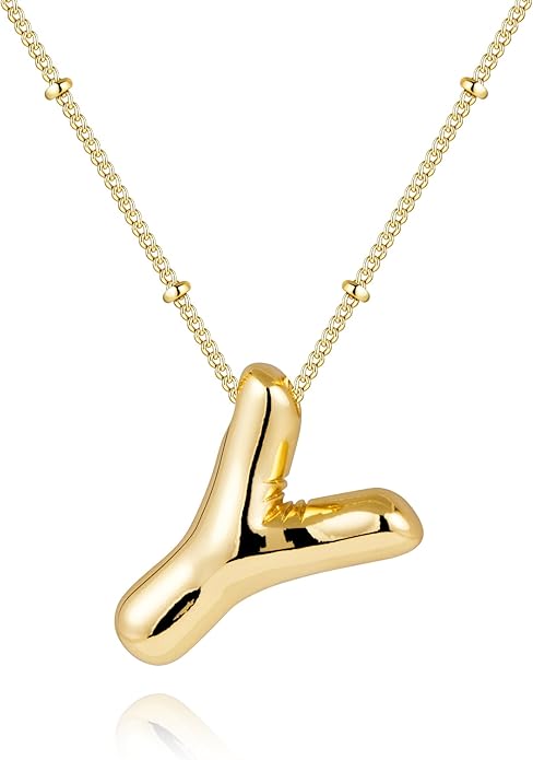 Inerney Valentines Day Gifts Gold Bubble Letter Necklace Initial Necklaces for Women, Chunky 14K Plated Balloon Initials, Trendy Charm Non Tarnish Custom Name Pendant Jewelry Gifts for Mom