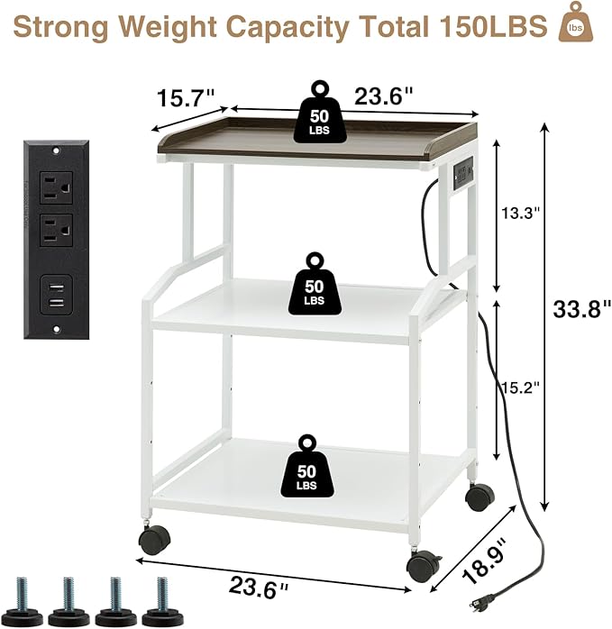 Lauren&Harold 34'' Printer Stand with Power Outlets & USB Ports, 3-Tier Adjustable Rolling Cart, Heavy Duty 150LBS Storage Table with Wheels for Office, Kitchen, Living Room, White