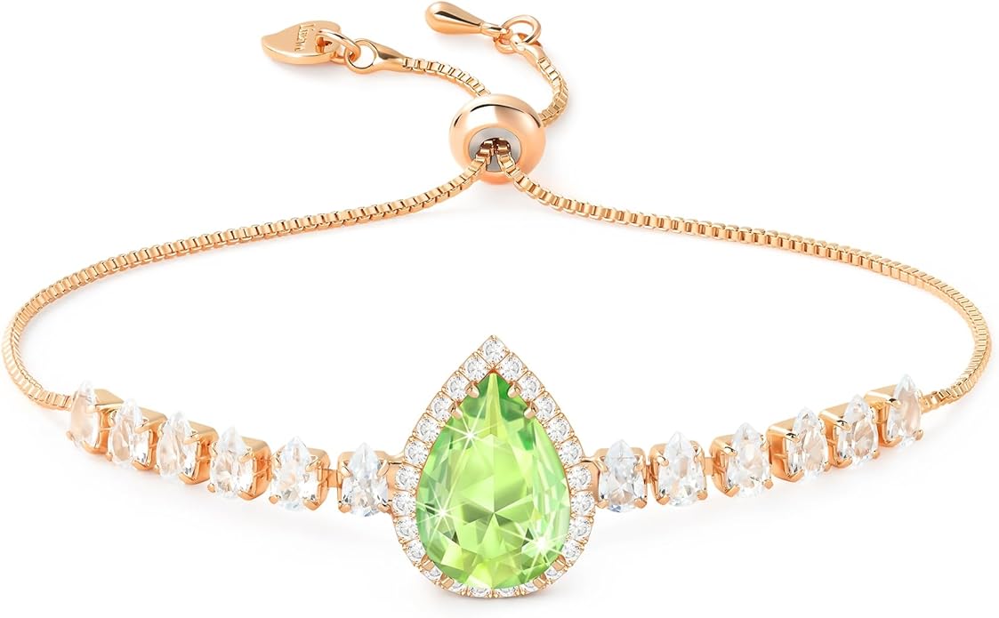 Linawe Crystal Imitation Diamond Rhinestone Charm Bracelets for Women, Gold/Silver/Rose Gold Adjustable Chain Bracelet, Teardrop Birthstone Cubic Zirconia Prom Costume Wedding Jewelry