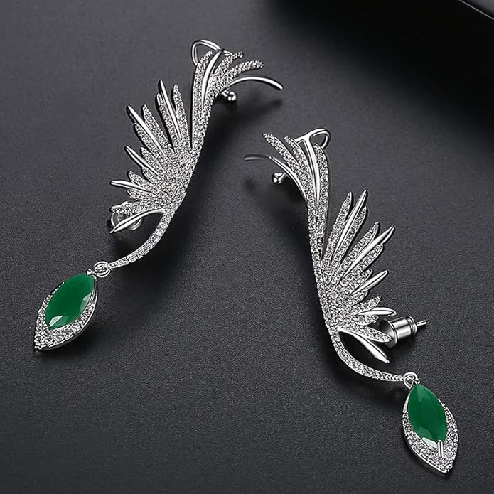14K Gold Gemstone Feather Clip On Earrings for Women,Dainty Waterdrop Emerald Moissanite Angel Wing Ear Cuff,Fashion Christmas Jewelry Gift for Her