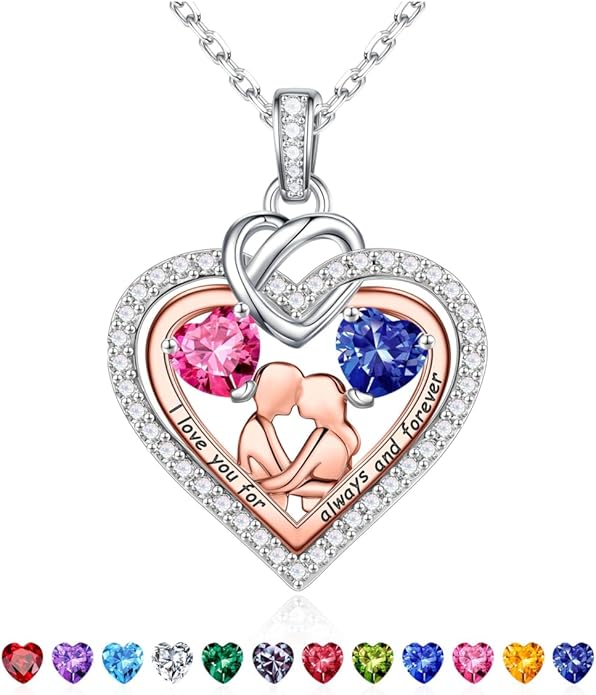 Iefil Valentines Day Gifts for Her - 925 Sterling Silver Double Heart Birthstone Necklace for Women, Anniversary Birthday Gifts for Wife I Love You Gift Couple Sitting Hugging Each Other Jewelry Gift