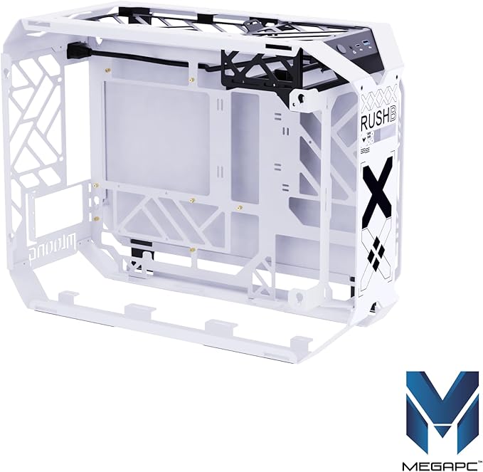 MegaPC X-Era Open-Frame Mid-Tower Micro-ATX/Mini-ITX Gaming Case – Tempered Glass Panels, High Airflow, ARGB Lighting, USB-C Port (Black/White/Print Stream, with Fans Only)