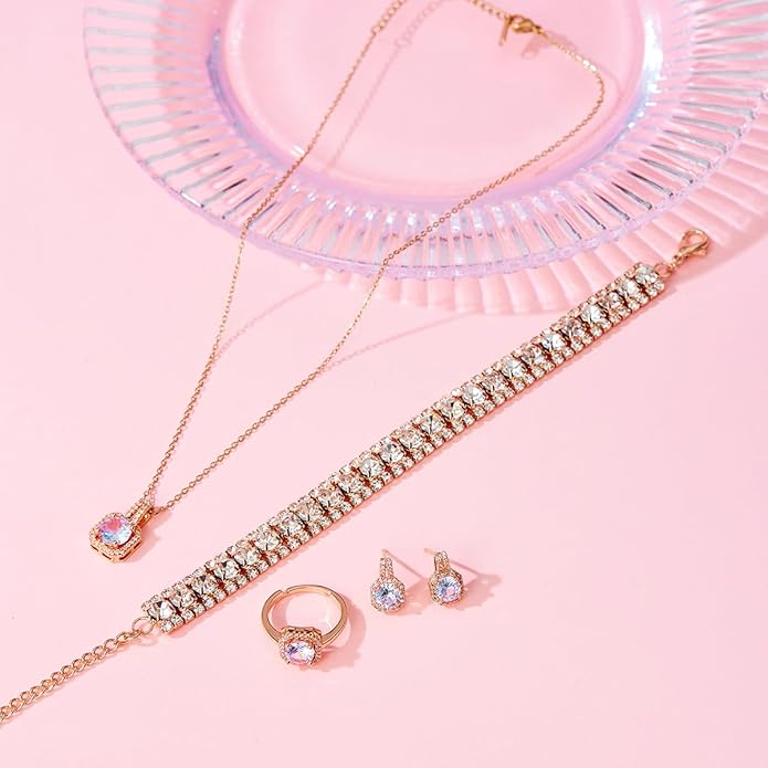 4pcs Cubic Zirconia Wedding Jewelry Sets for Bride Bridesmaid Cubic Zirconia Pendant Necklace Earrings Link Tennis Bracelet Open Ring Set for Women