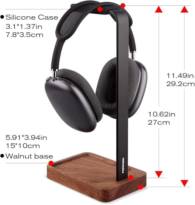 Walnut Wood & Aluminum Headset Holder, Desktop Headphone Stand, Universal headphone holder for most music gaming headsets - Black Walnut