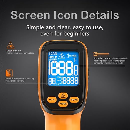 Infrared Thermometer Gun, Non Contact Thermometers Laser Temperature Guns with K-Type Probe, 12:1 Dual-Mode Temp Gun (-58°F to 1472°F) for Cooking, Pizza Oven, BBQ, Home Repairs, HVAC