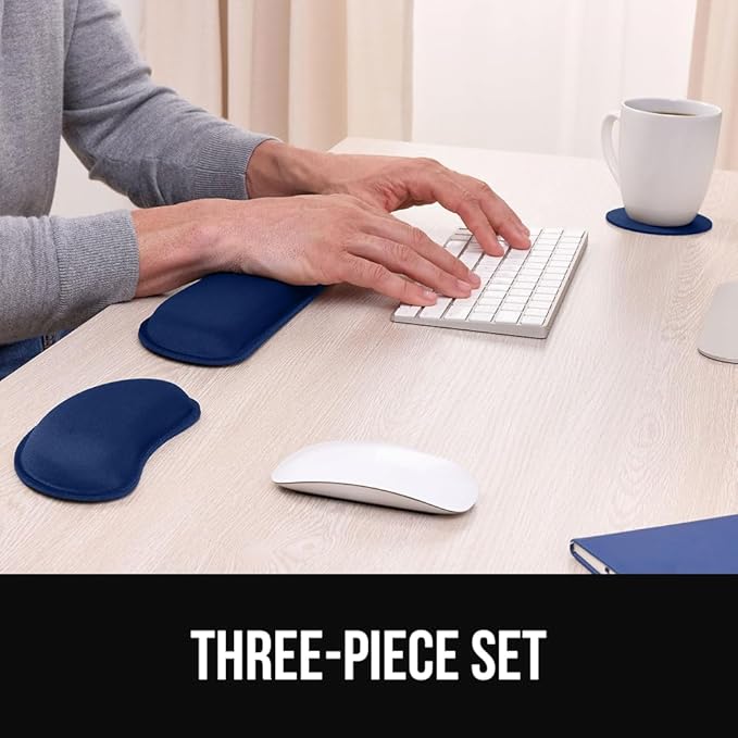 GORILLA GRIP Silky Gel Memory Foam Keyboard Wrist Rest for Computer and Mouse Pad, Ergonomic Design Typing Support, Desk Office Supplies, Hand & Arm Mousepad Cushion and Coaster 3 Piece Set Navy Blue