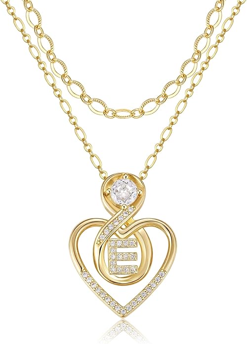Heart Letter Necklaces for Women 14K Gold Plated Cubic Zirconia Heart Initial Layered Necklace Infinity Pendant Necklace Letter Initial Jewelry for Women