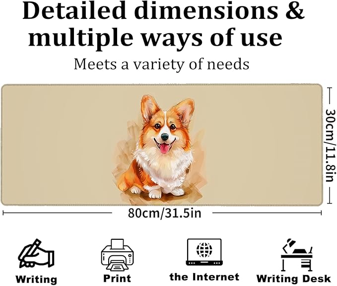 Watercolor Corgi Gaming Mouse Pad, Large Office Desk Mat, Anti-Slip Rubber Base Mousepad for Computer Laptop Keyboard, Smooth Desk Pad for Home Office Gamer Work Accessories 31.5" x 11.8"