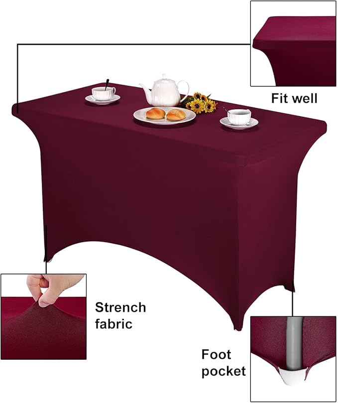 FORLIFE 4Pack Spandex Table Covers，Fitted Tablecloth for Rectangular Tables, Stretch Patio Table Covers, Universal Spandex Table Cover for Wedding, Banquet, Party (4ft, Burgundy)