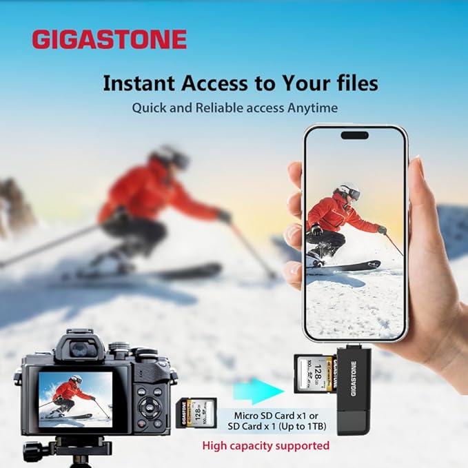 GIGASTONE SD Card Reader, 5-in-1 USB-A/USB-C Card Reader, Dual Slot for SD/Micro SD/SDHC/SDXC, Compatible with Laptop, PC, iPhone16/15, MacBook Pro/Air, iPad Pro, Android