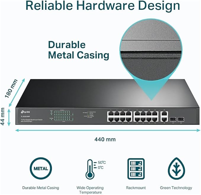 TP-Link TL-SG1218MP 16 Port Gigabit PoE Switch 16 PoE+ Ports @250W, w/ 2 Uplink Gigabit Ports + 2 Combo SFP Slots Plug & Play Sturdy Metal Rack-mountable