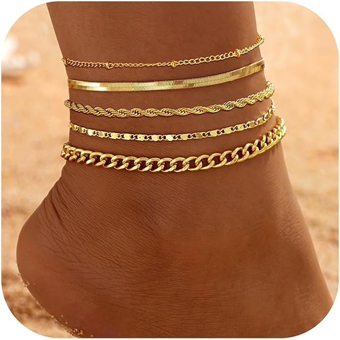 iF YOU Gold Ankle Bracelets for Women, 14k Gold Plated Waterproof Cuban Link Chain Anklets Set, Layered Anklet Bracelets for Women Beach Gift Adjustable Size 5pc
