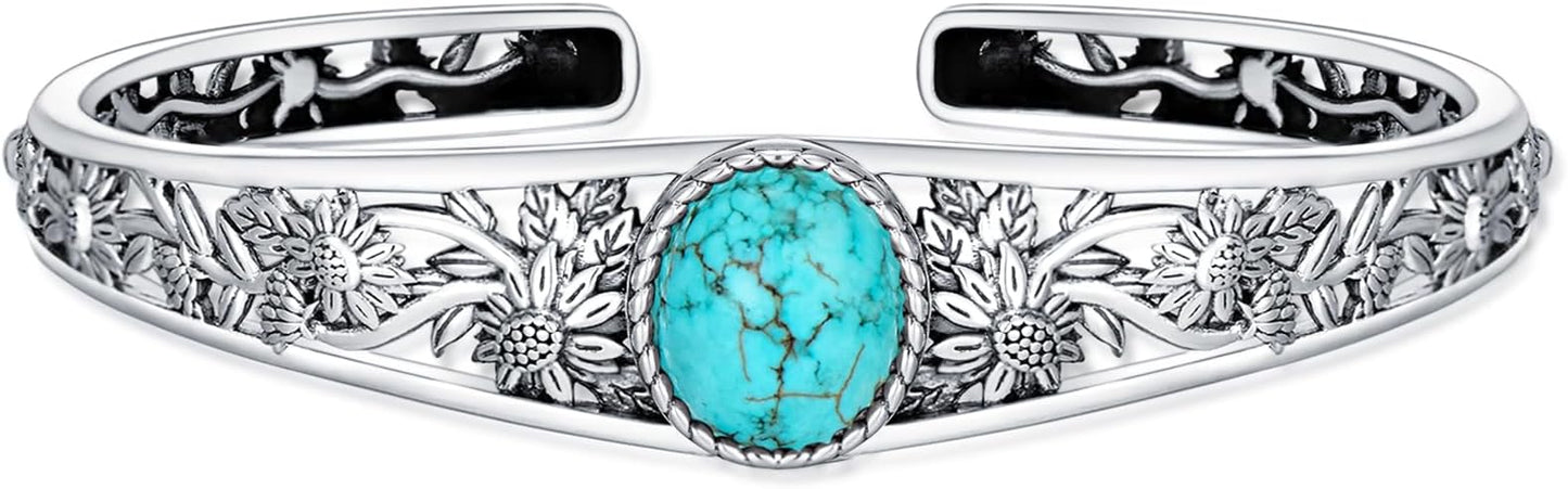 Genuine Turquoise Cuff Bracelet for Women, Sterling Silver Western Vintage Floral Bangle Native American Jewelry, For 6.5-7.5 Inch Wrists