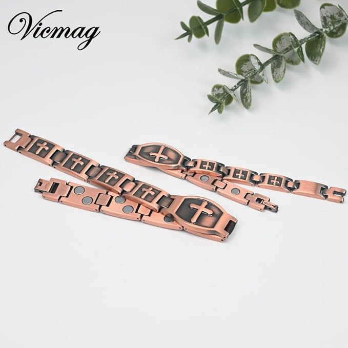Vicmag 2PCS Men Copper Magnetic Bracelets for Couple Double Row 99.9% Solid Pure Copper Cross Bracelet Gift with Adjustment Tool