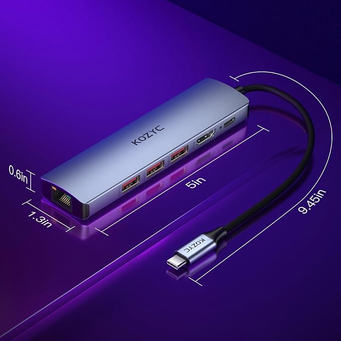 USB C Hub Ethernet, KOZYC 6-in-1 USB C Hub with 10Gbps, HDMI 4K 60Hz, 1Gbps Ethernet, 3xUSB-A 3.2, 100W PD Compatible with MacBook Air/Pro, XPS13/15, Dell