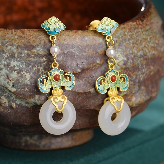14K Gold over 925 Sliver Natural Jade Enamel Gradient Earrings, Round Lotus Design Drop Earrings, Elegant Jade Jewelry Gift for Mother's Serenity