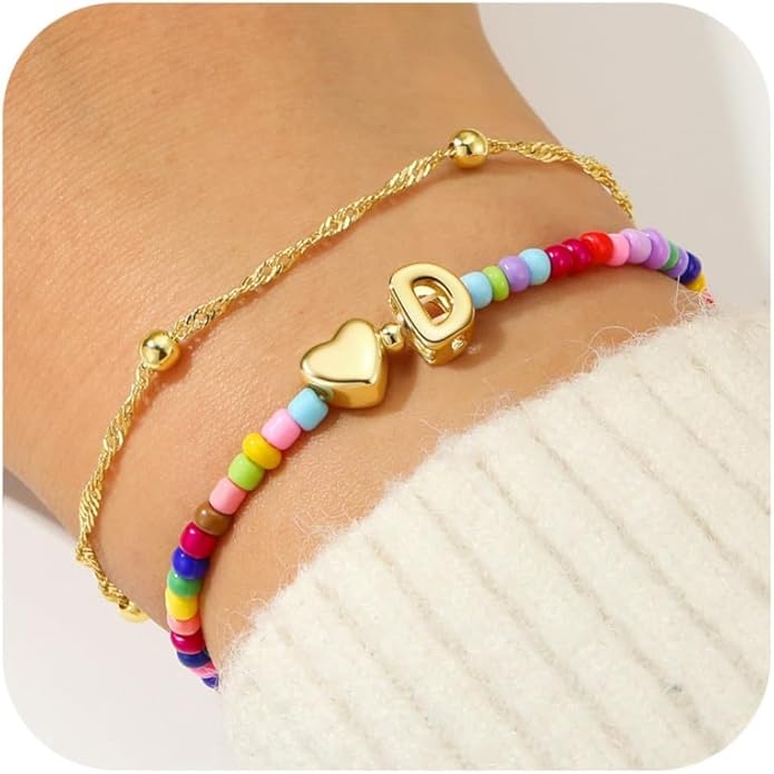 Ursteel Valentines Day Gifts for Kids Teen Girls - 14K Gold Plated Beaded Letter A-Z Bracelet, Layered Stretch Initial Bracelets, Women Trendy Bohemian Jewelry Birthday Gifts