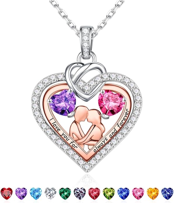 Iefil Valentines Day Gifts for Her - 925 Sterling Silver Double Heart Birthstone Necklace for Women, Anniversary Birthday Gifts for Wife I Love You Gift Couple Sitting Hugging Each Other Jewelry Gift