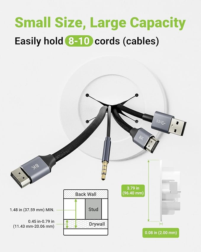 in Wall Cable Management Kit, Slim TV Wire Hider Kit for Wall Mounted TV, 2 Pcs Pass Through with Hole Saw for Network, HDMI, Speaker Cables, Coaxial, White
