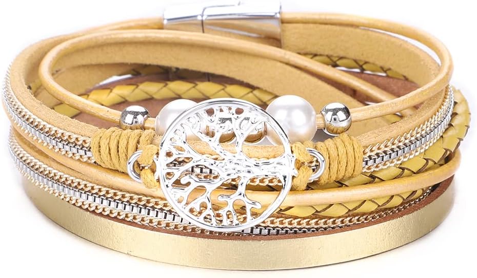 KSQS Tree of Life Leather Multi-Layer Wraps Bracelet,Boho Wide Buckle Wristband Bangle,Braided Cuff Bracelets for Women