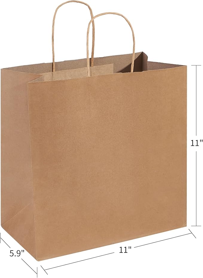 PAICUIKE 50Pcs Brown Paper Bags with Handles, Large 11x6x11 Inch Kraft Grocery Shopping & Retail Merchandise Bag, Gift Bags Bulk for Weddings, Parties, Baking
