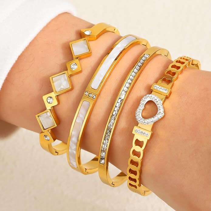ZhiRui Women's 18K Gold Plated Stackable Bracelet Set - Waterproof Mother of Pearl Heart Cubic Zirconia Jewelry Gifts for Women