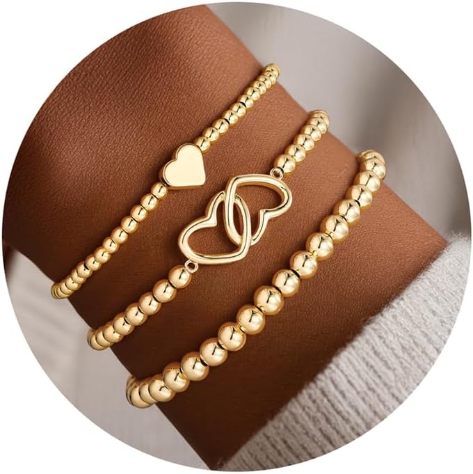 Turandoss Gold Bracelets for Women - Dainty 14K Gold Plated Bow Cross Beaded Bracelets for Women Stackable Heart Bead Bracelet Set Wave CZ Round Ball Bracelet Valentine's Day Gifts for Her