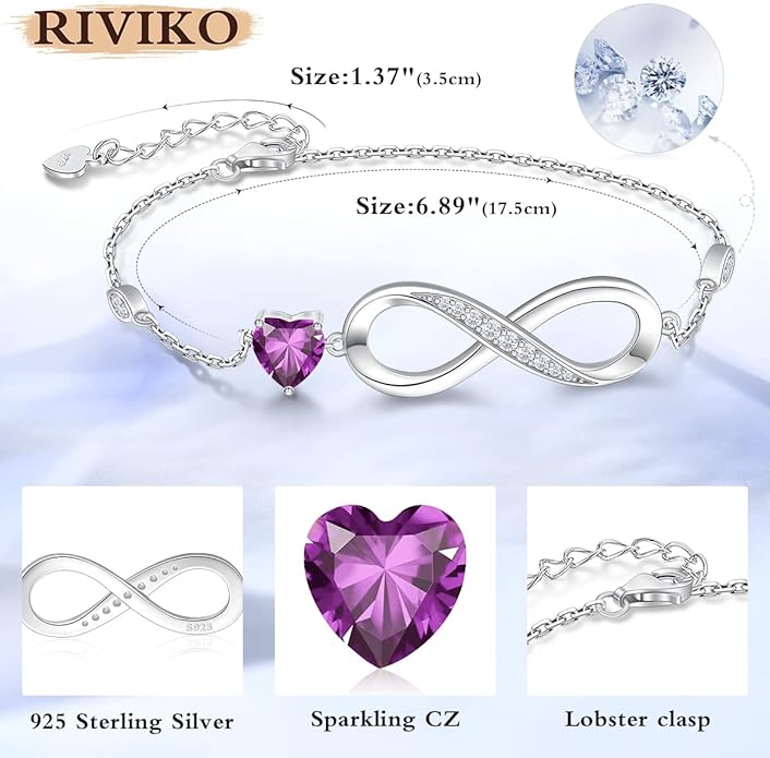 RIVIKO Infinity Love Heart Symbol Charm Bracelet for Women 925 Sterling Silver Adjustable Birthday Valentine’s Day Christmas Mothers Day Jewelry Gift for Mom Women Wife Her Friends