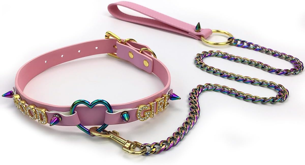 Succuba Handmade Heart Ring Rhinestone Letter Pu Leather Choker Collar Necklace for Women and Men