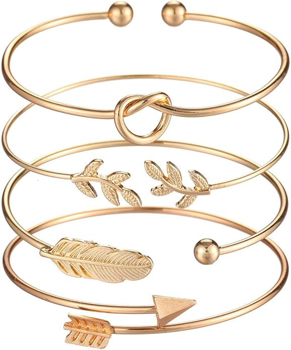 Starain 4Pcs Rose Gold Bracelets for Women Simple Leaf Arrow Feather Knot Heart Bangle Bracelet Adjustable Cuff Bracelet Set