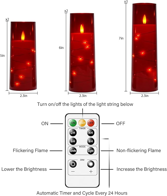 Flameless Candles with Embedded Star String, Battery Operated LED Pillar Candles with Timer and Remote Control,Home Decorating for Ambiance， Set of 7 (Red)