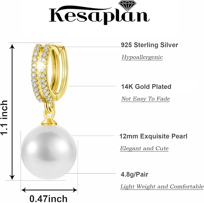 Pearl Earrings for Women 14K Gold Plated Hypoallergenic Pearl Earrings 5A Cubic Zirconia Dangle Earrings Elegant Jewelry