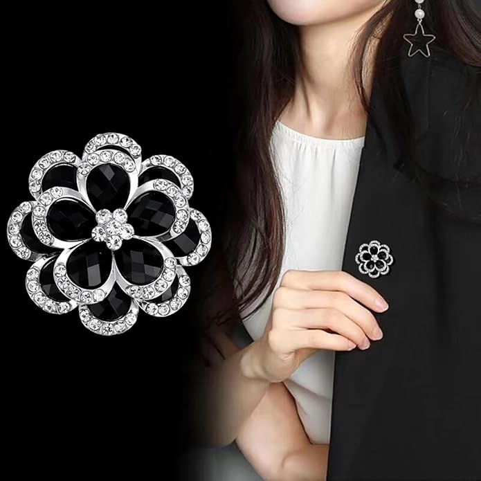 Rhinestone Flower Brooch for Women Vintage Style Black White Crystal Flower Brooch Pin Sparkling Bridal Wedding Crystal Pin Elegant Clothing Hat Bag Accessories Christmas Birthday Party Wedding Costume Jewelry