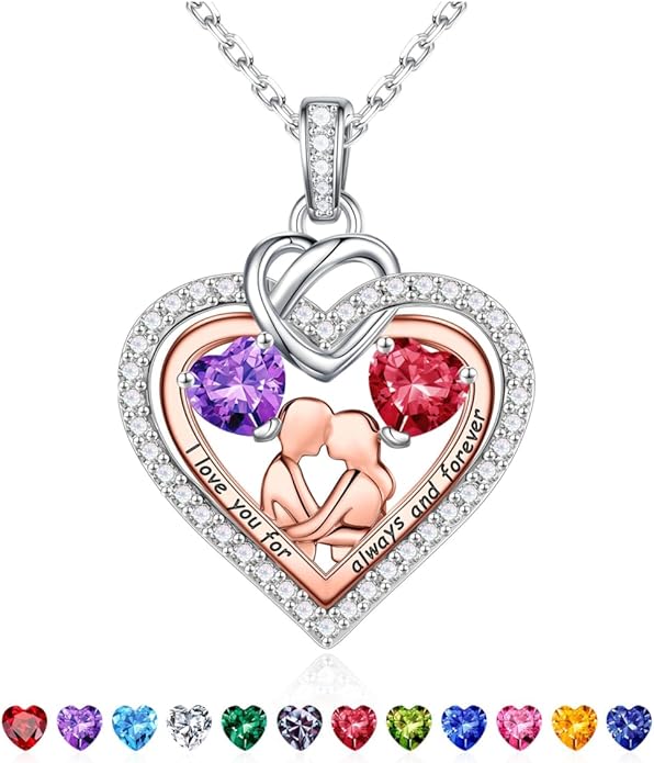 Iefil Valentines Day Gifts for Her - 925 Sterling Silver Double Heart Birthstone Necklace for Women, Anniversary Birthday Gifts for Wife I Love You Gift Couple Sitting Hugging Each Other Jewelry Gift