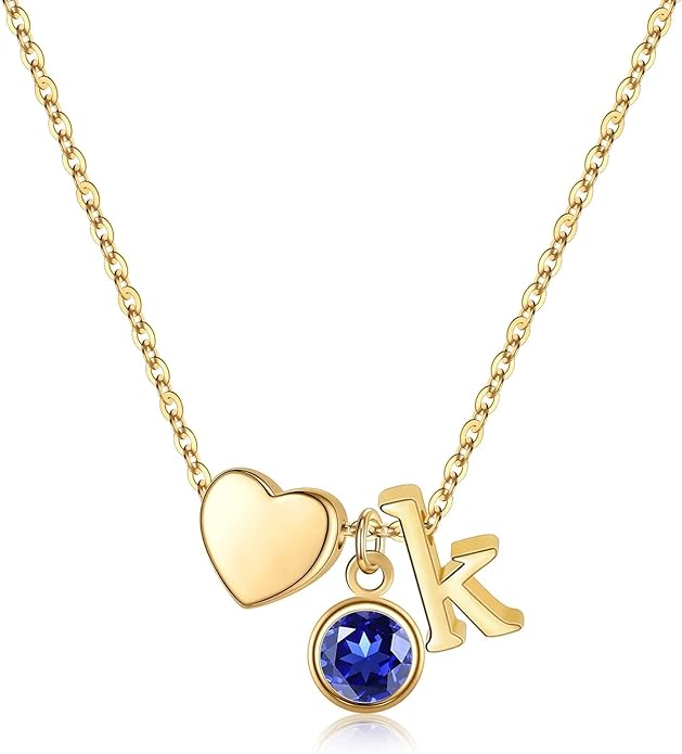 Ursilver Initial Birthstone Necklace for Women - Heart Initial Birthstone Pendant Necklace Personalized Gifts Birthday Gifts for Women