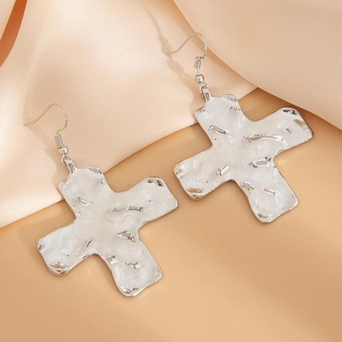 Chunky Gold Big Hammered Cross Drop Dangle Earrings for Women Trendy, Bold Thick Large Silver Cross Hook Earrings Dainty Vintage Faith Chain Jewelry