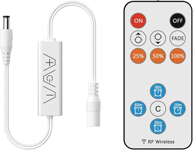 13Keys LED Dimmer, Wireless RF Remote Control and 3Keys Receiver with DC Jack RF Dimmer with Timer Function for DC12V-24V Single Color COB/3528/2835/5050 LED Strip Lights