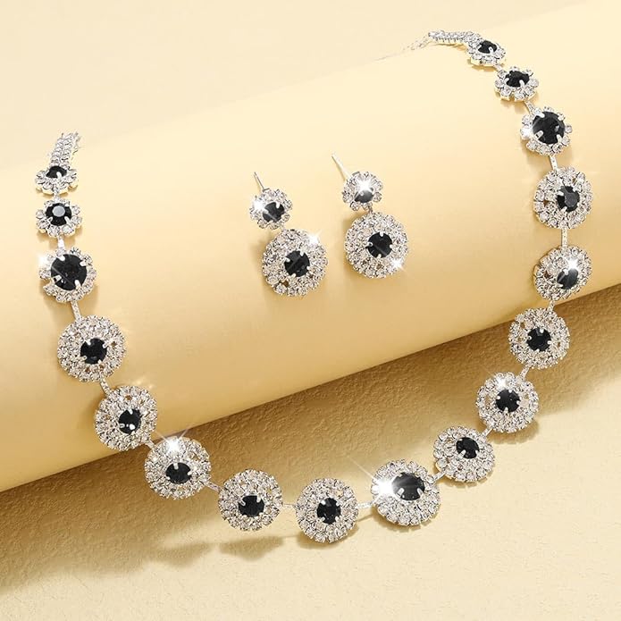 Unicra Bridal Wedding Jewelry Set Silver Rhinestone Necklace Earrings Sets Formal Costume Jewelry for Women and Brides