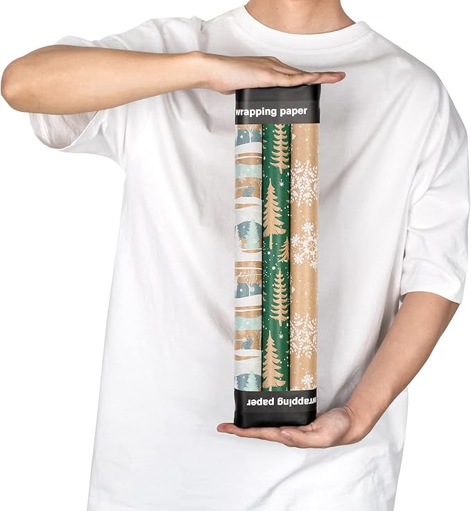 RUSPEPA Christmas Wrapping Paper Rolls with Tags and Jute String - 17 inches x 10 feet per Roll, Total of 3 Rolls