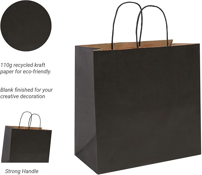 PAICUIKE 50Pcs Black Kraft Bags with Handles, 11x6x11 Inch Square Gift Bags for Retail, Shopping, Party Favors, Father’s Day, Events & Small Business | Sturdy & Versatile