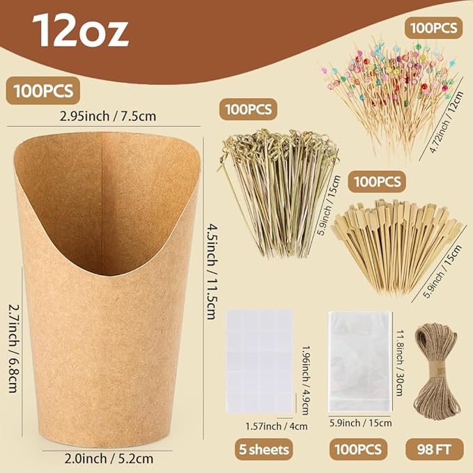 100 Sets 12 oz Charcuterie Cups with Sticks, 300 Picks + 100 Bags + 100 Labels, Individual Charcuterie Cups, Brown Paper Snack Cups Disposable French Fry Cups for Parties, Catering