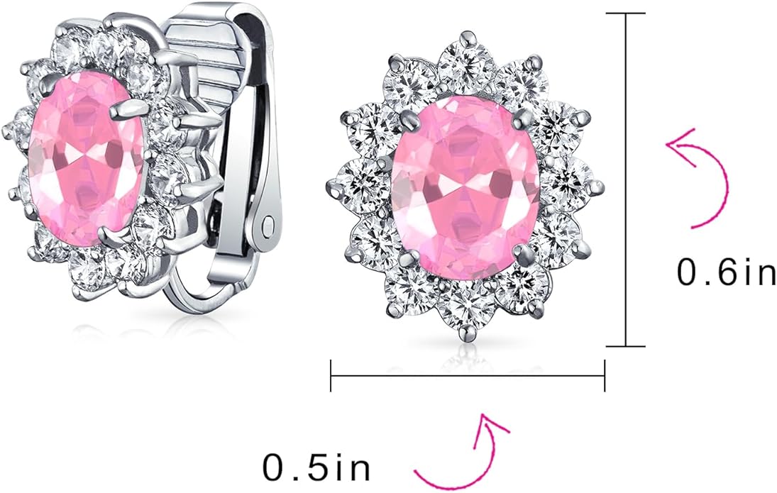 Traditional Classic Bridal Simulated Gemstones Cubic Zirconia AAA CZ Halo Crown Oval Stud Clip On Earrings For Women Wedding Non Pierced Ears Rose Gold Silver Plated