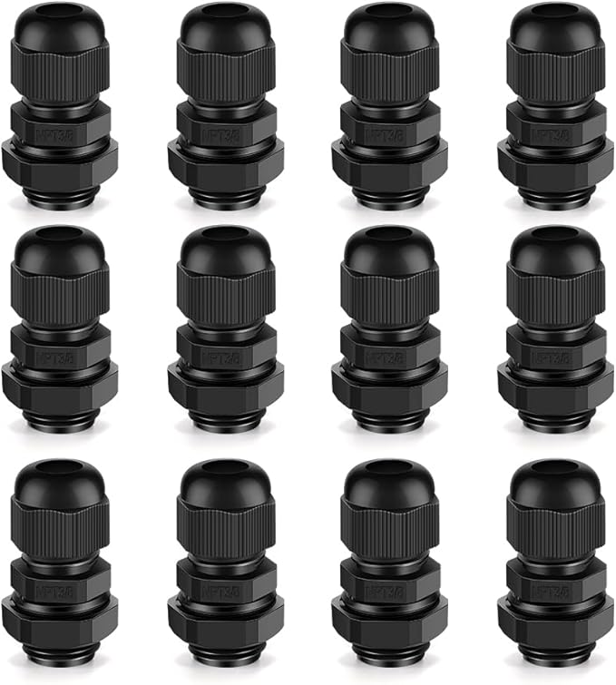 Cable Gland 12 Pack 3/8" NPT Waterproof Adjustable Connector Strain Relief Cord Connectors Joints Nylon with Gaskets…