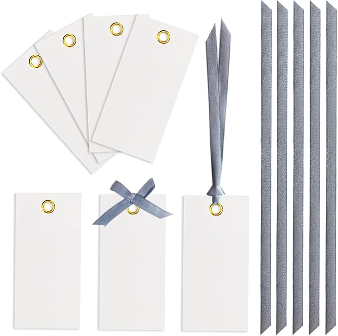 25 Pcs Name Place Cards Blank Seat Card, 2 x 4 in Table Cards with Stain Ribbon, Wedding Place Card, Hanging Tags for Wedding table Setting Reserved Chairs Signs Dinner Banquet Parties.(Gray)