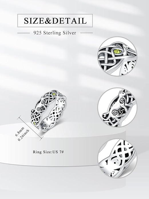 Seiyang Celtic Cat Ring 925 Sterling Silver Irish Trinity Knot Celtic Cat Wedding Promise Ring with 12 Months Birthstone Irish Lucky Jewelry Gifts for Women Mom Her