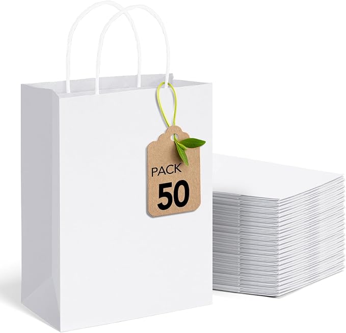 MESHA White Paper Gift Bags 8x4.25x10.5 Inch with Handles 50Pack, Recycled Kraft Shopping Bags Bulk for Business Grocery Birthday Wedding Kids Party Favors Retail