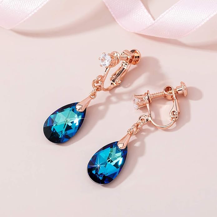 Teardrop Austrian Crystal Drop Clip On Dangle Earrings for Women Non Pierced 14K Rose Gold Plated Hypoallergenic Jewelry