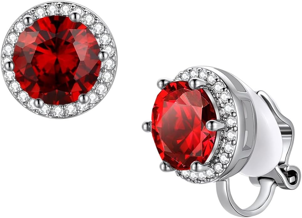 FindChic Sparkling Birthstone Clip On Earrings for Women, Silver Plated Stud Earrings 8MM Cubic Zirconia Non Pierced Studs, 12 Months Birthday Jewelry Gift