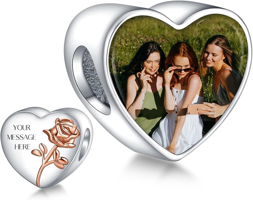 Annmors Personalized Photo Charm for Bracelet Necklaces,925 Sterling Silver Charm Love Heart Shaped Engraved Customize Picture Gift for Birthday Mother's Day Christmas,Bead Charms Jewelry for Women