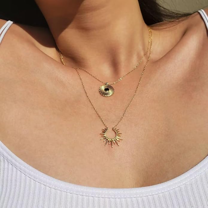 Star & Pixie Dust boho minimalist sun pendant necklace geometric radiant design, Spiritual Jewelry, 18K Gold Plated Necklace for Women, Hypoallergenic, Tarnish Resistant, Minimalist Dainty Jewelry, Gift for Her
